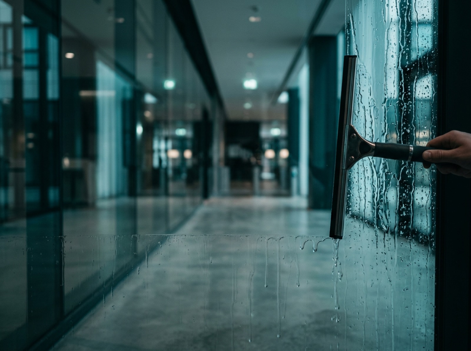 Glasreinigung einer Glaswand mit Abzieher in Frankfurt durch Allclean